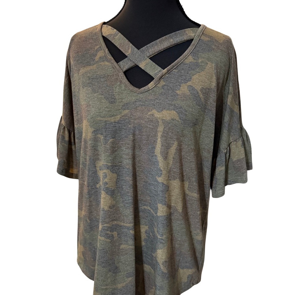 7th Ray Trendy Olive Camouflage Criss-Cross Top Ruffle Sleeve Sz Sm